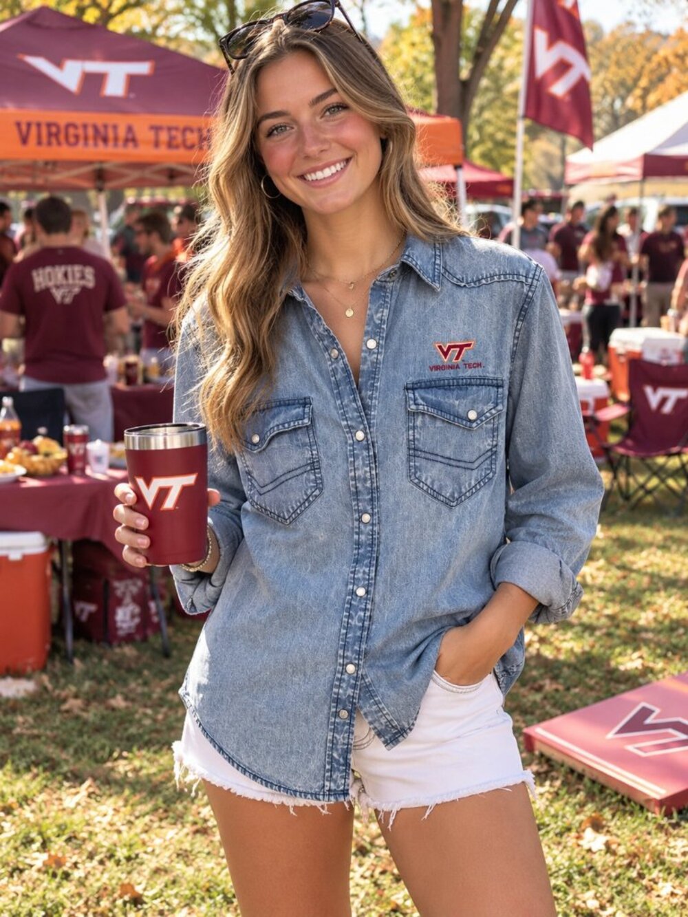 Cutter & Buck Virginia Tech Hokies Denim Chambray Snap Shirt Women’s L/G